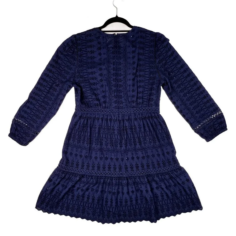 J. Crew Eyelet Lace Flutter Hem Embroidered Fit and Flare Cotton Dress Navy Sz 6